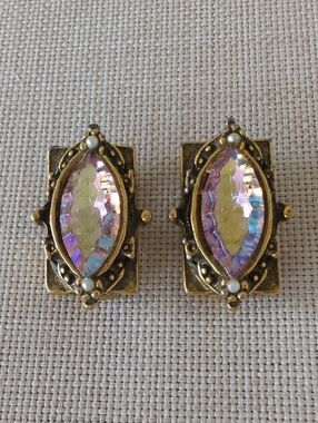 Vintage Signed TARA Aurora Borealis Crystal Clip-On Earrings - Marquise Cut